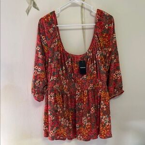Torrid Coral Orange Floral Knit Smocked with 3/4 Sleeves Top